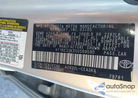 2005 Toyota Camry Se z USA, uszkodzony, nr VIN 4T1BE32KX5U569590